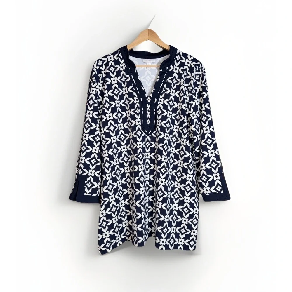 Charter Club Women's Geometric Tunic Top Size XL 3/4 Sleeve Navy & White Stretch - Picture 1 of 5